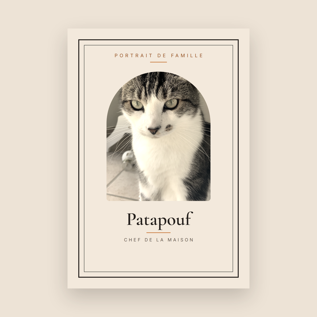 Affiche portrait de chat personnalisée — Patapouf, virage chaud, avec son prénom et la mention Chef de la maison