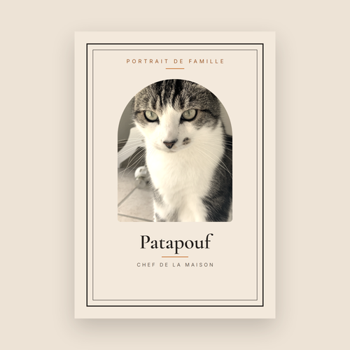 Affiche portrait de chat personnalisée — Patapouf, virage chaud, avec son prénom et la mention Chef de la maison